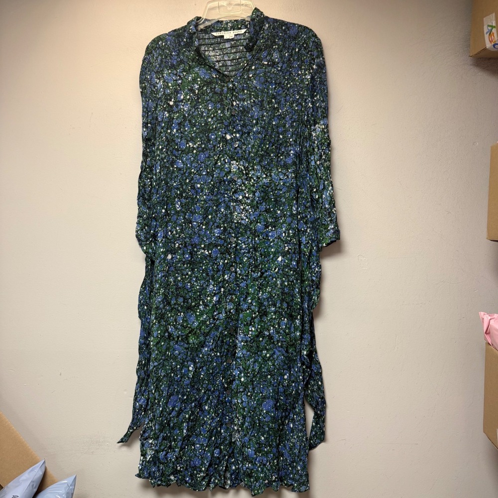 Veronica Beard Dress Womens 6 Blue Green Marbled Smocked Midi Excellent 14071